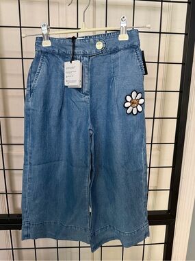 Moschino Blue Denim Kids Wide-Leg Pants with Daisy Patch